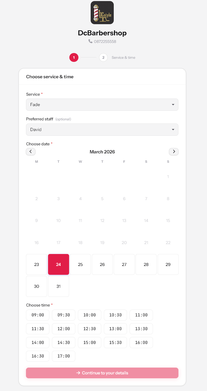 Client booking page — choose service, date and time