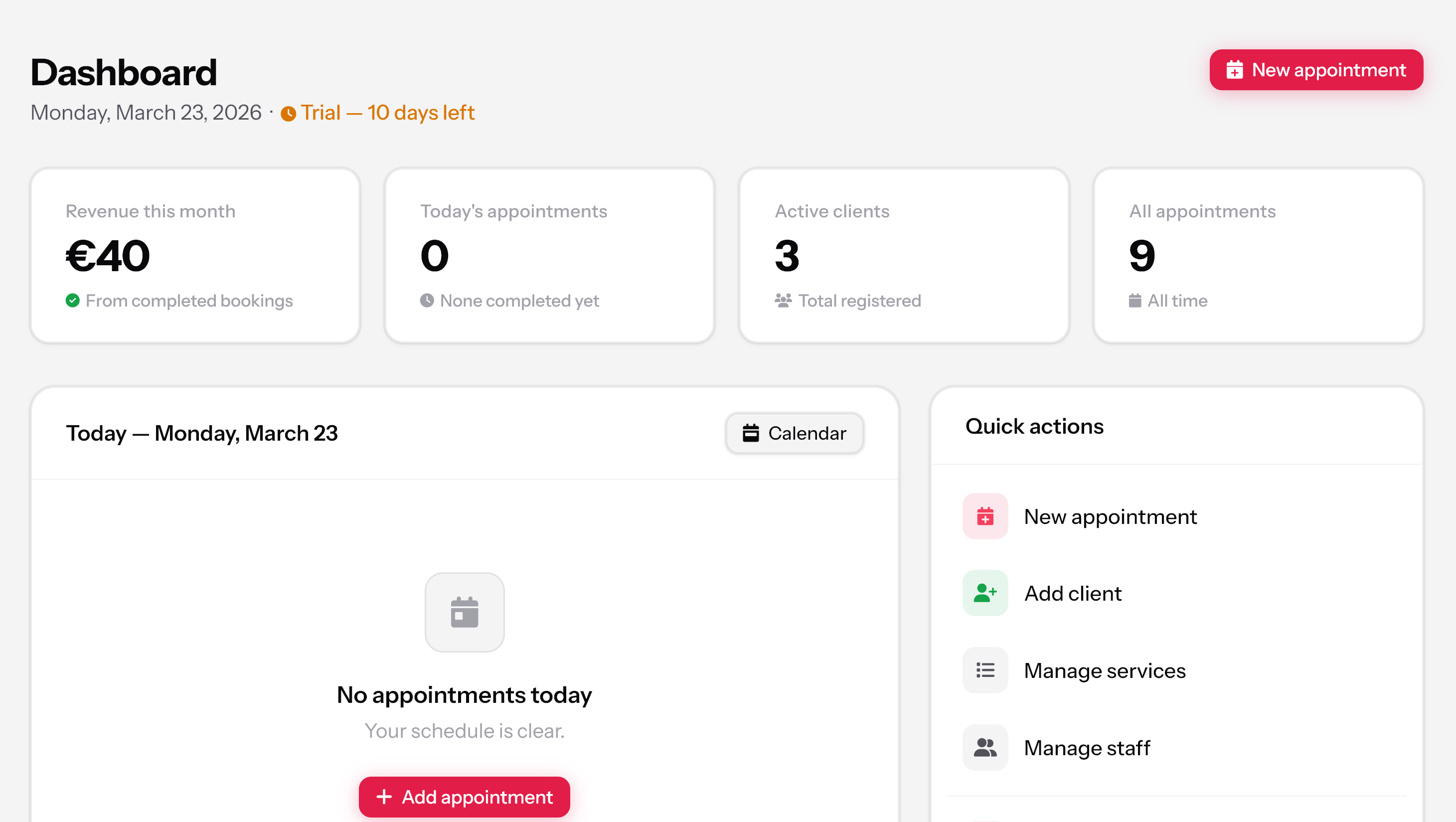 Barber dashboard showing revenue and today's appointments